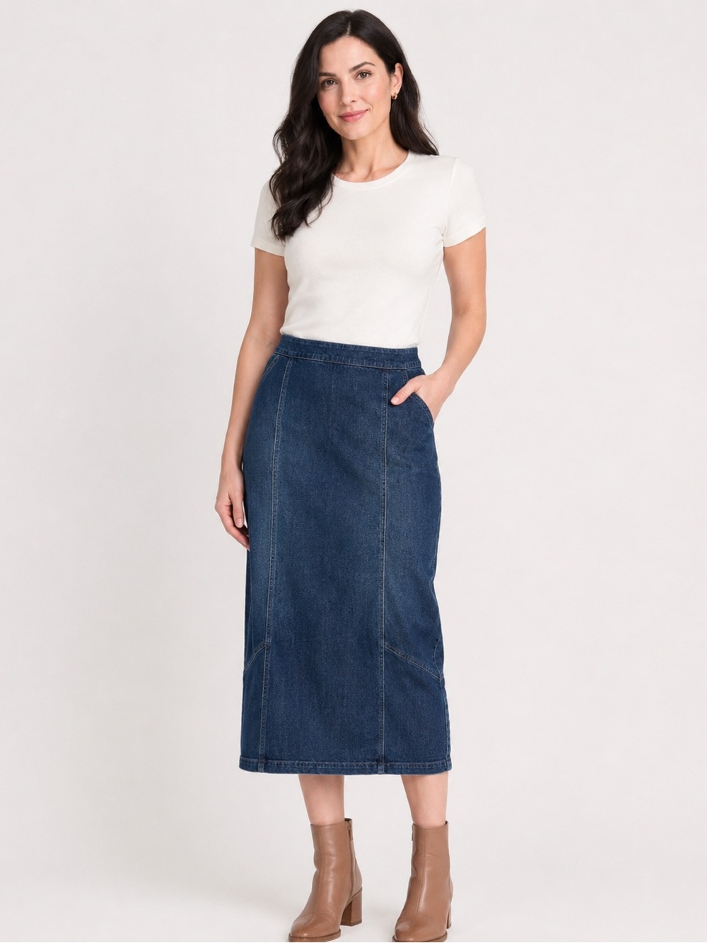 Vintage Denim Midi Skirt Womens Blue Stretch Straight Pencil Skirt Size 14